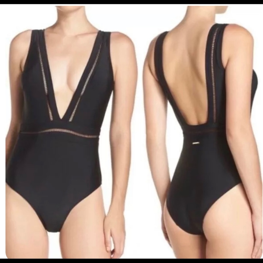 Ted Baker *NWT* Black One Piece Pointelle Deep V Swimsuit Orig $139 Size 6
